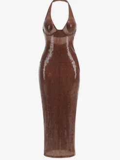 Robe de soirée longue à sequins scintillants pour femme - Robe moulante marron dos nu - Soirée de gala d'été 2026