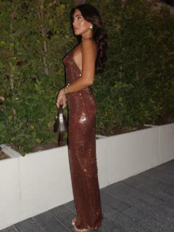 Robe de soirée longue à sequins scintillants pour femme - Robe moulante marron dos nu - Soirée de gala d'été 2026