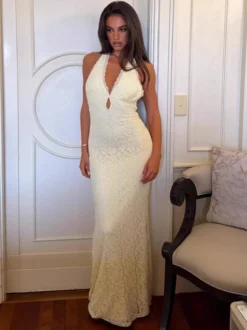 Robe de soirée longue sirène dos nu en dentelle florale à décolleté plongeant et col halter