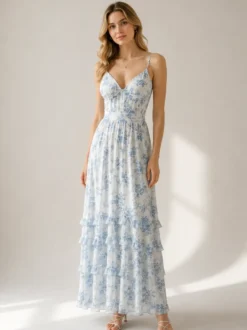 Robe de soirée longue à volants superposés et à bretelles fendues 2026