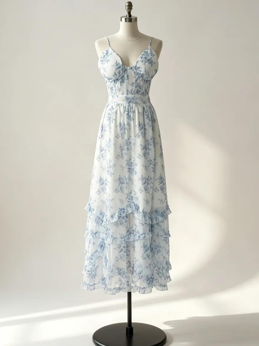 Robe de soirée longue à volants superposés et à bretelles fendues 2026