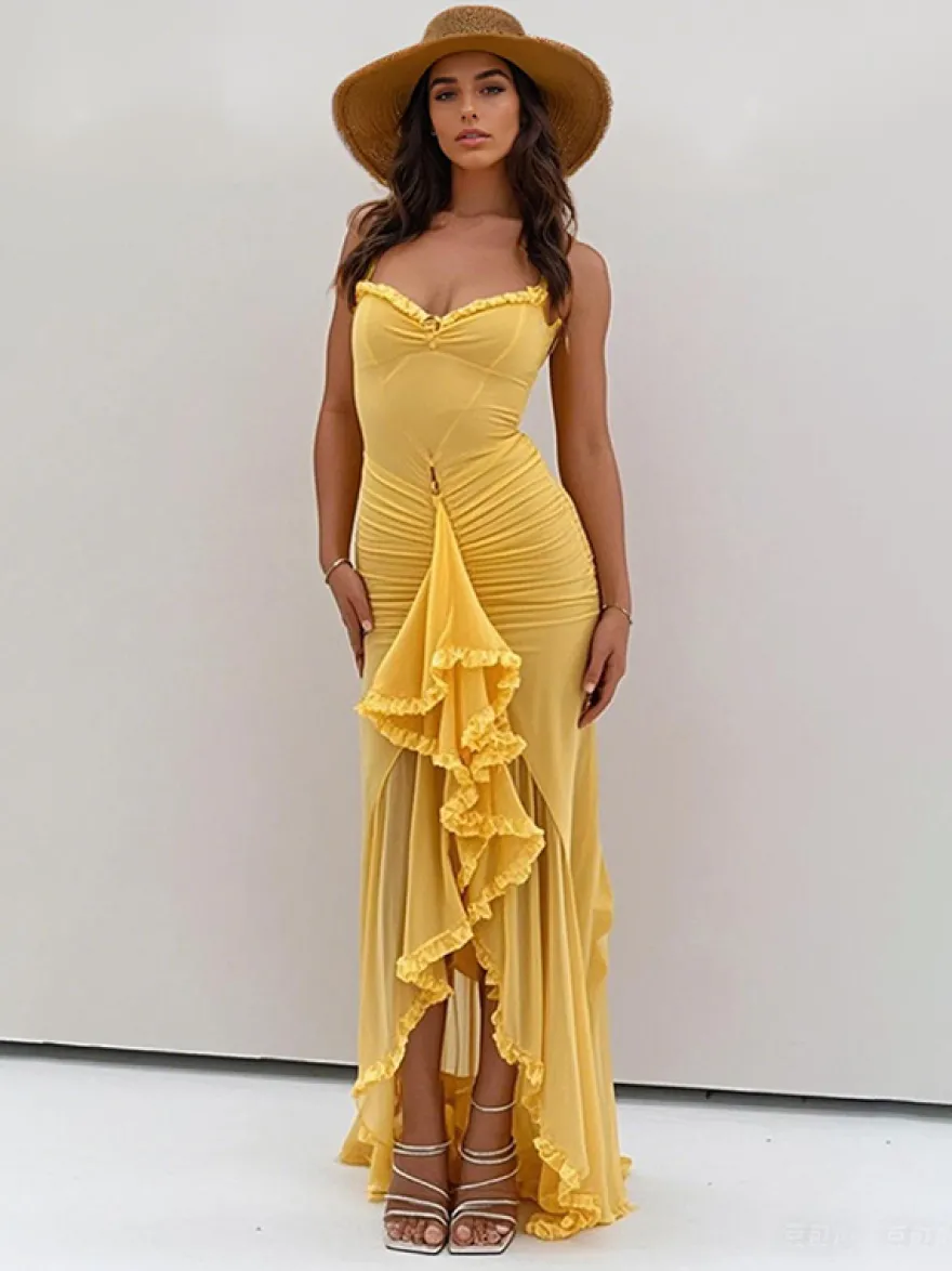 Robe de soirée longue à volants sur le devant pour femme 2026