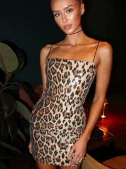 Robe de soirée léopard à imprimé léopard sans manches bretelles col rond robe d'été