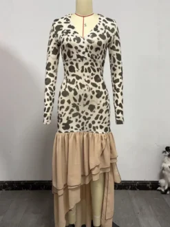 Robe de soirée léopard à manches longues et col en V coupe asymétrique ourlet à volants moulante