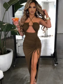 Robe de soirée marron foncé en polyester sans manches à dos nu