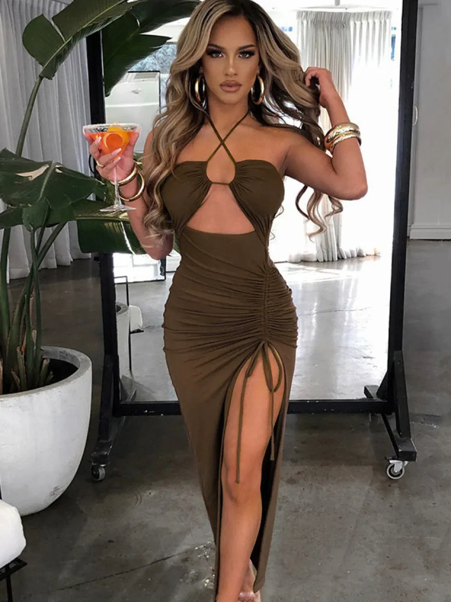Robe de soirée marron foncé en polyester sans manches à dos nu