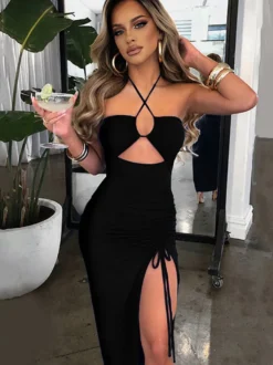 Robe de soirée marron foncé en polyester sans manches à dos nu