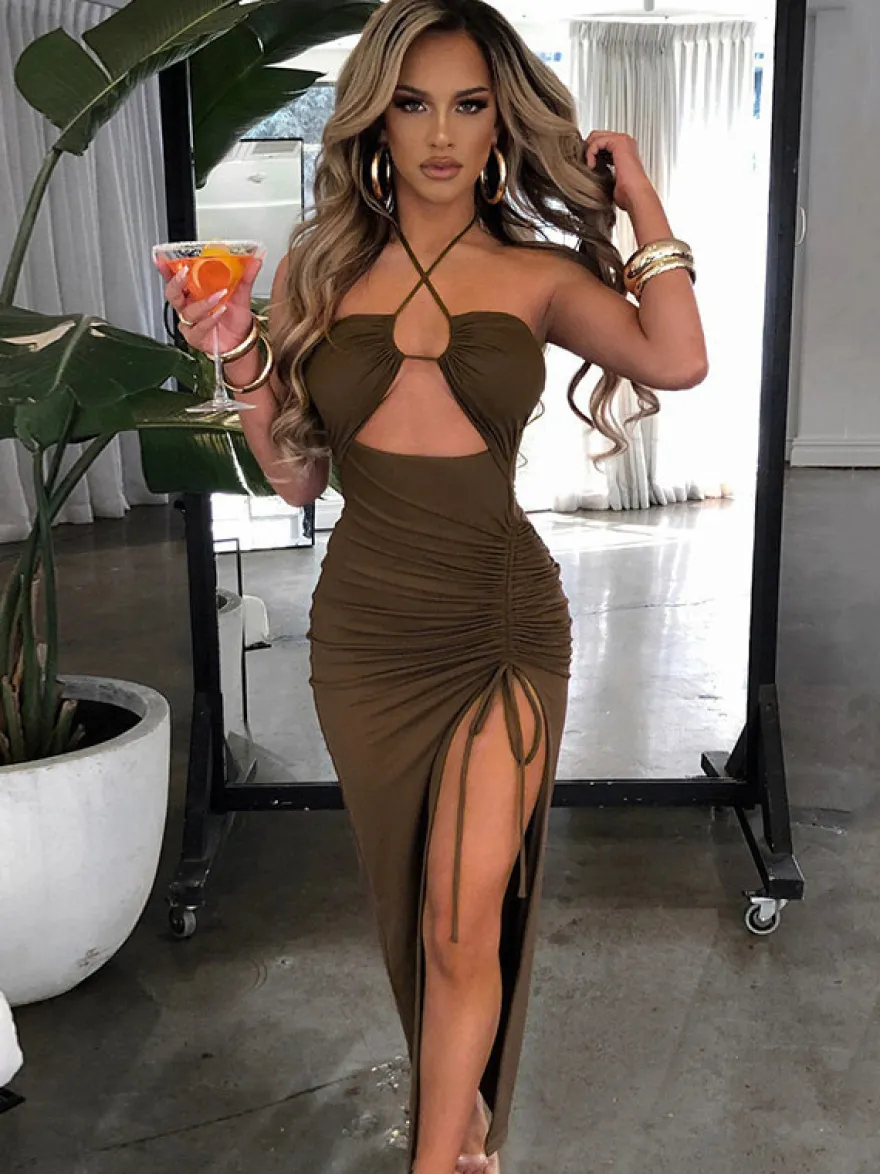 Robe de soirée marron foncé en polyester sans manches à dos nu