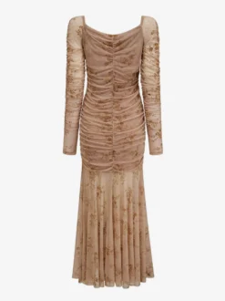 Robe de soirée maxi abricot clair col montant manches longues plissées imprimée style décontracté