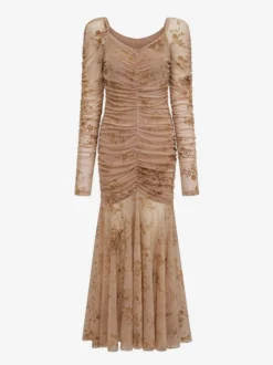 Robe de soirée maxi abricot clair col montant manches longues plissées imprimée style décontracté