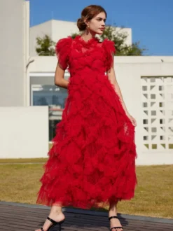 Robe de soirée maxi abricot à col montant sans manches à volants élégante et semi-formelle