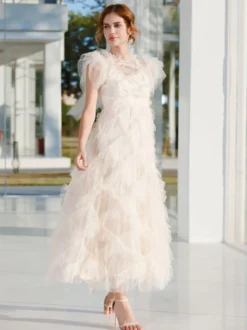 Robe de soirée maxi abricot à col montant sans manches à volants élégante et semi-formelle