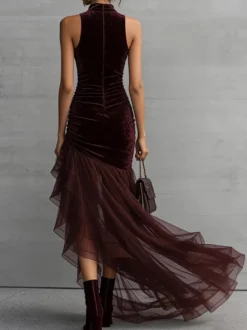 Robe de soirée maxi asymétrique à volants sans manches col montant en velours moulante