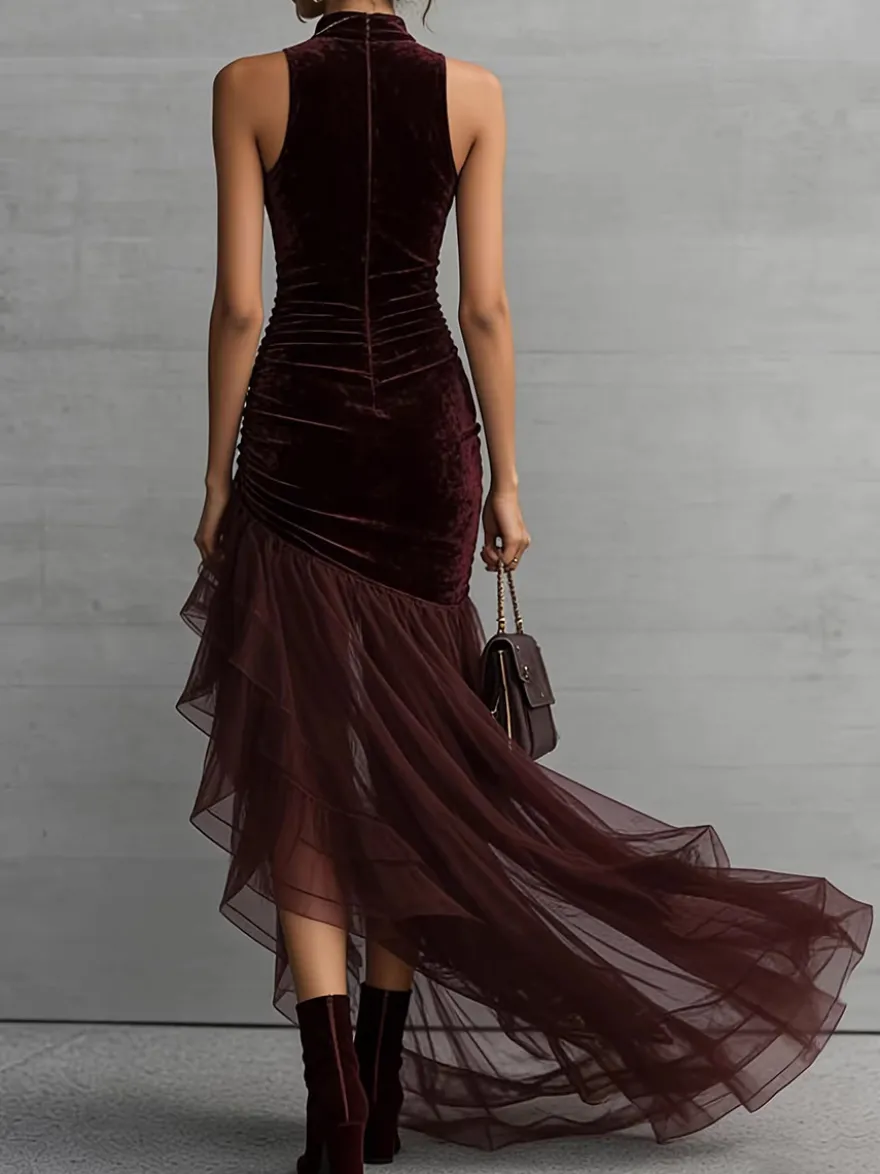Robe de soirée maxi asymétrique à volants sans manches col montant en velours moulante