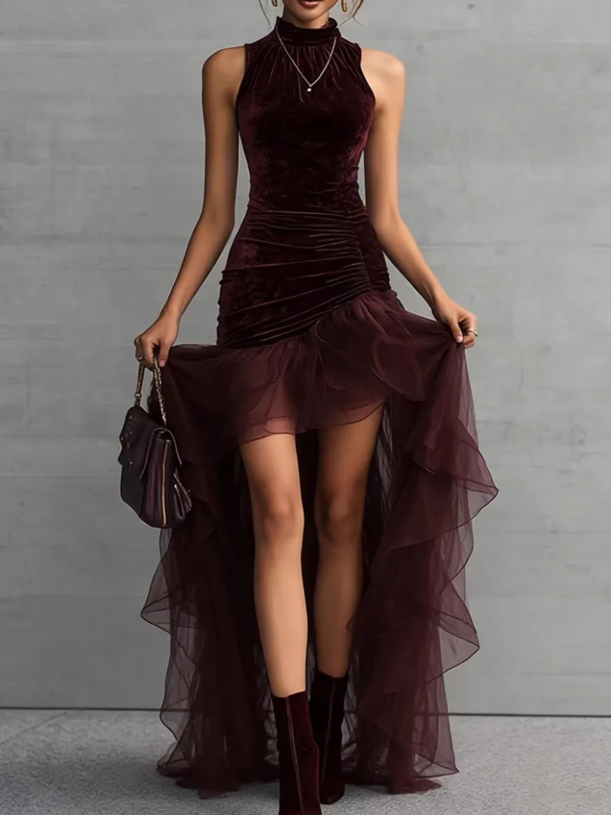 Robe de soirée maxi asymétrique à volants sans manches col montant en velours moulante