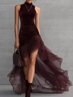 Robe de soirée maxi asymétrique à volants sans manches col montant en velours moulante