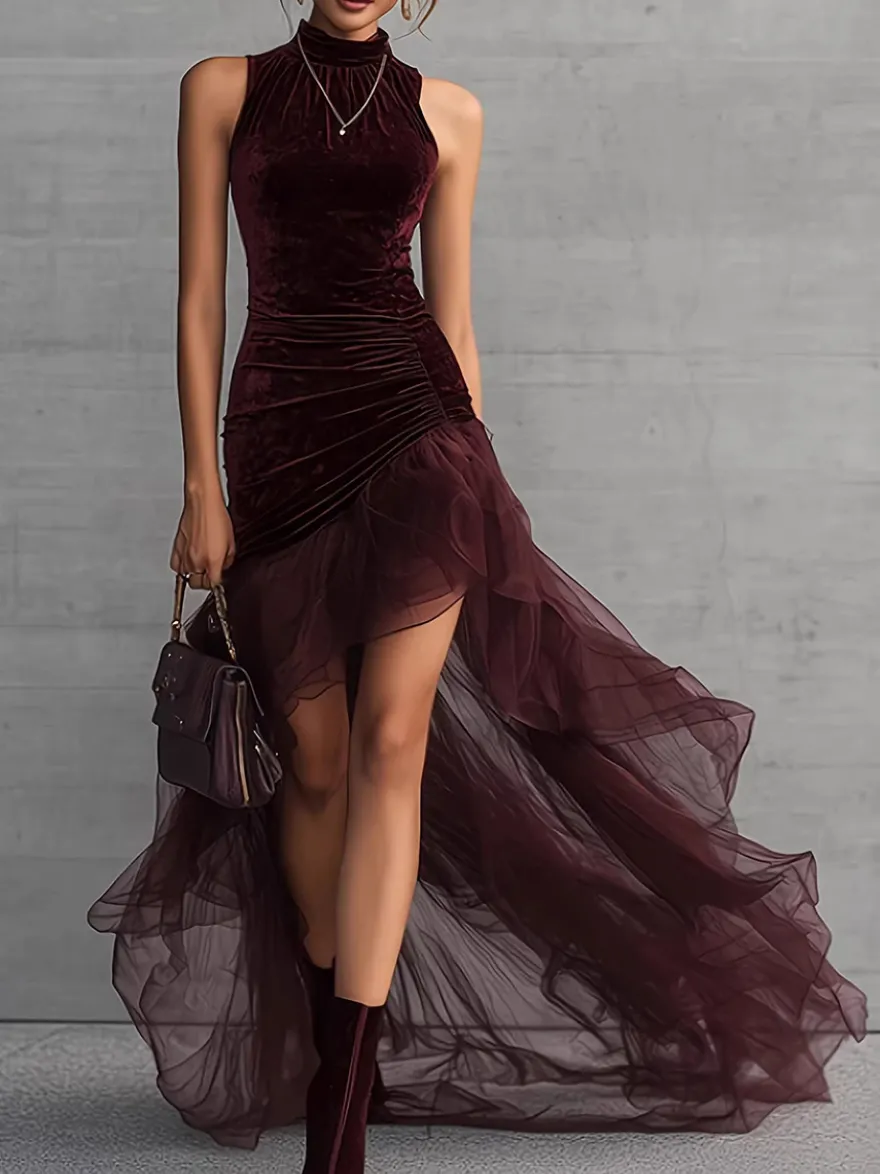 Robe de soirée maxi asymétrique à volants sans manches col montant en velours moulante