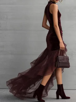 Robe de soirée maxi asymétrique à volants sans manches col montant en velours moulante