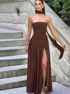 Robe de soirée maxi asymétrique sans bretelles avec foulard pour femme 2026