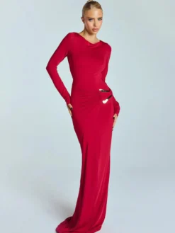 Robe de soirée maxi blanche à col rond et manches longues style semi-formel sexy