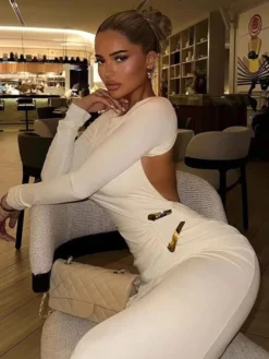 Robe de soirée maxi blanche à col rond et manches longues style semi-formel sexy