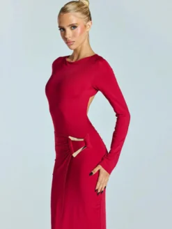 Robe de soirée maxi blanche à col rond et manches longues style semi-formel sexy
