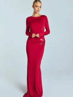 Robe de soirée maxi blanche à col rond et manches longues style semi-formel sexy