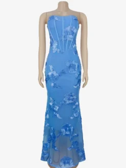 Robe de soirée maxi bleue bustier à fleurs sans manches dos nu élégante et semi-formelle