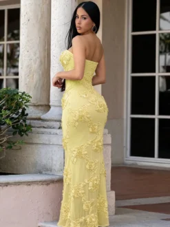 Robe de soirée maxi bleue bustier à fleurs sans manches dos nu élégante et semi-formelle