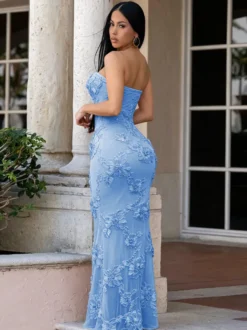 Robe de soirée maxi bleue bustier à fleurs sans manches dos nu élégante et semi-formelle