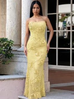 Robe de soirée maxi bleue bustier à fleurs sans manches dos nu élégante et semi-formelle