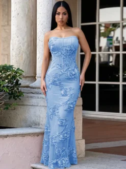 Robe de soirée maxi bleue bustier à fleurs sans manches dos nu élégante et semi-formelle