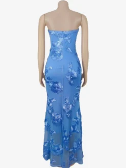 Robe de soirée maxi bleue bustier à fleurs sans manches dos nu élégante et semi-formelle