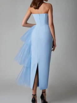 Robe de soirée maxi bleue sans bretelles fermeture éclair dos nu élégante et semi-formelle