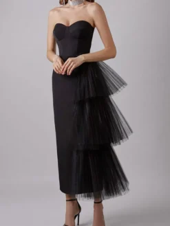 Robe de soirée maxi bleue sans bretelles fermeture éclair dos nu élégante et semi-formelle