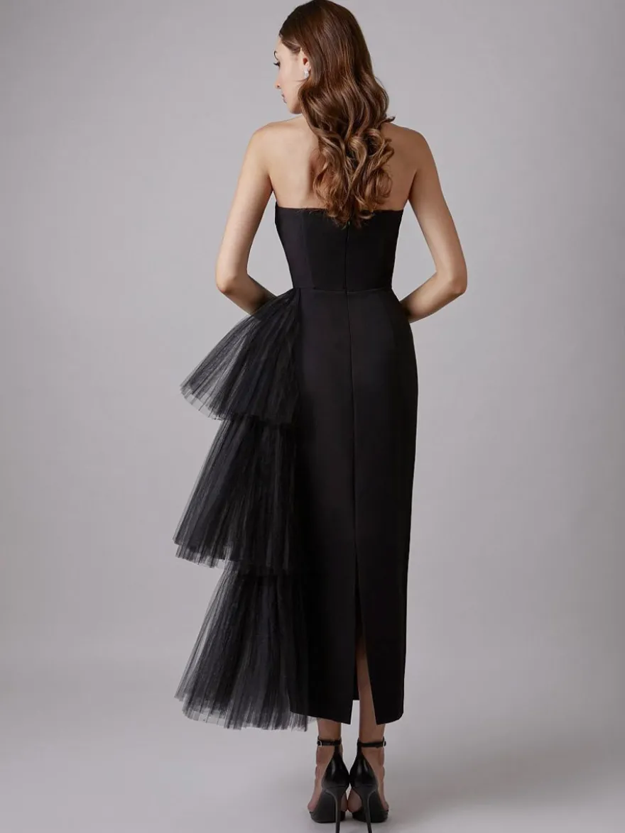 Robe de soirée maxi bleue sans bretelles fermeture éclair dos nu élégante et semi-formelle
