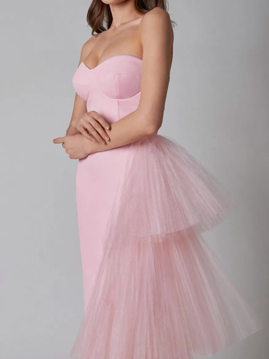 Robe de soirée maxi bleue sans bretelles fermeture éclair dos nu élégante et semi-formelle