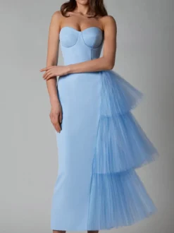 Robe de soirée maxi bleue sans bretelles fermeture éclair dos nu élégante et semi-formelle
