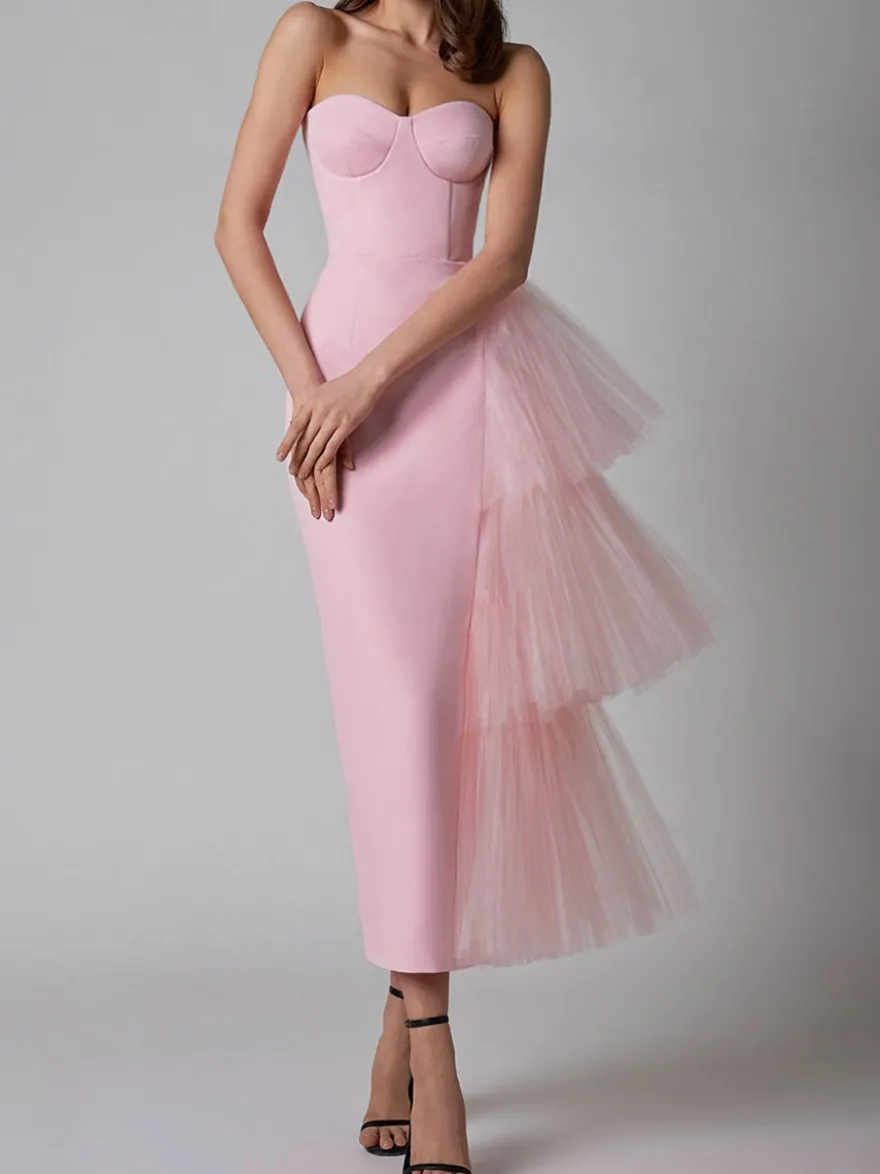 Robe de soirée maxi bleue sans bretelles fermeture éclair dos nu élégante et semi-formelle