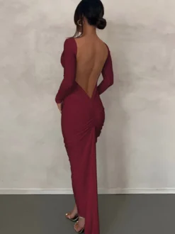 Robe de soirée maxi bordeaux à manches longues style semi-formel sexy
