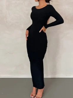 Robe de soirée maxi bordeaux à manches longues style semi-formel sexy