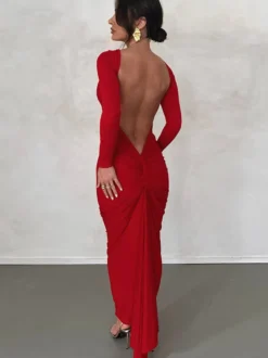 Robe de soirée maxi bordeaux à manches longues style semi-formel sexy