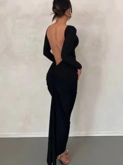 Robe de soirée maxi bordeaux à manches longues style semi-formel sexy