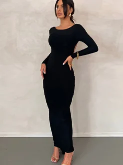 Robe de soirée maxi bordeaux à manches longues style semi-formel sexy