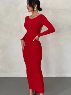 Robe de soirée maxi bordeaux à manches longues style semi-formel sexy