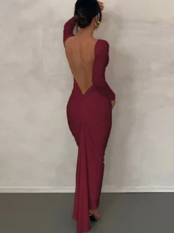 Robe de soirée maxi bordeaux à manches longues style semi-formel sexy