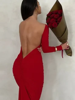 Robe de soirée maxi bordeaux à manches longues style semi-formel sexy