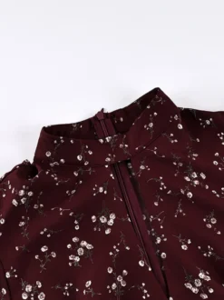 Robe de soirée maxi bordeaux à manches courtes bouffantes et col montant
