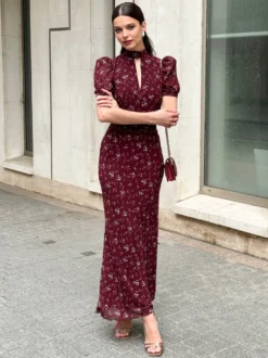 Robe de soirée maxi bordeaux à manches courtes bouffantes et col montant