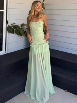 Robe de soirée maxi fleurie sans manches bustier sexy vert pastel
